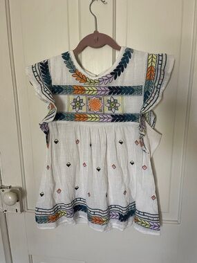 Altar'd State White Embroidered Flutter-Sleeve Top with Multicolor Accents